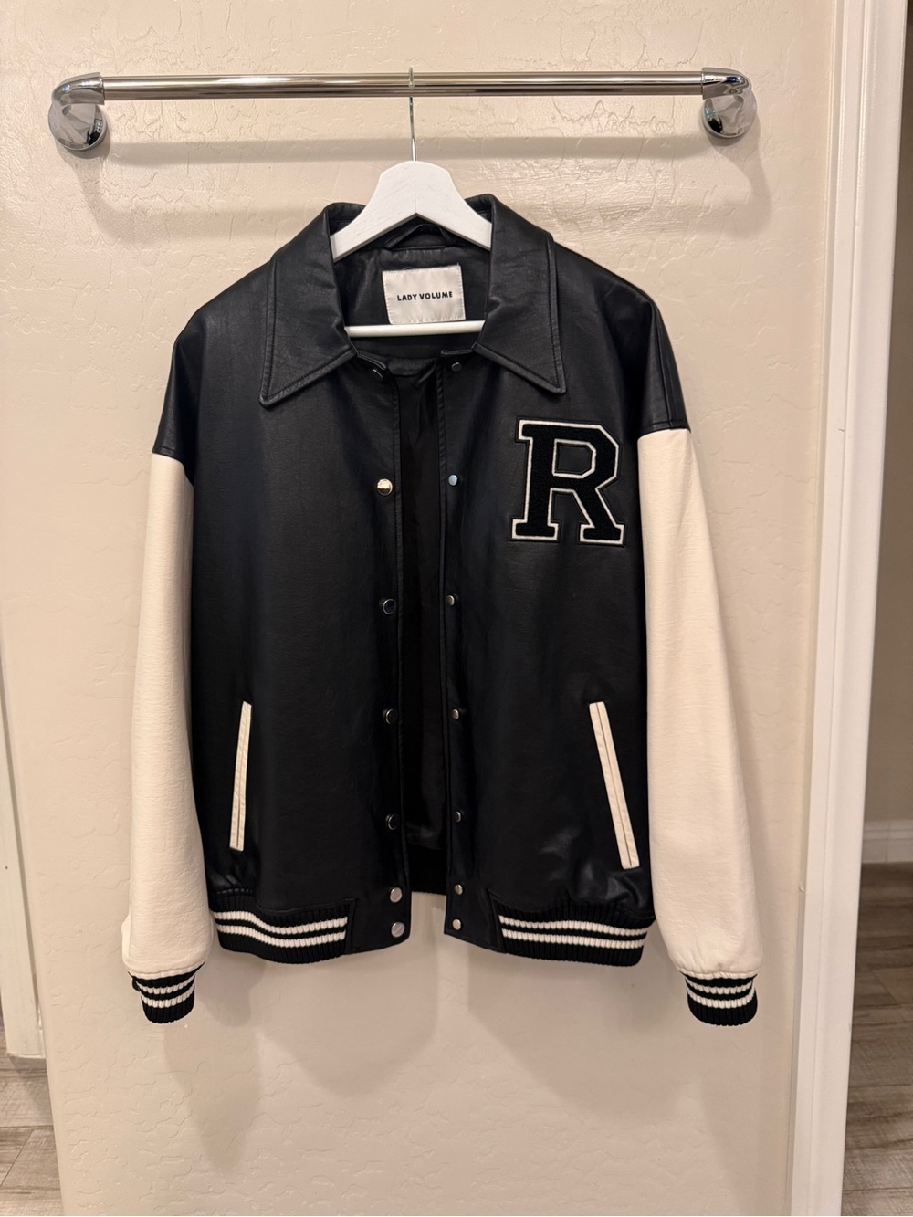 Lady Volume Black and White Varsity Jacket with 'R' Patch